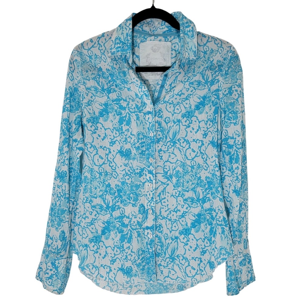 Cino Womens Blue White Floral Crinkle Cotton Button Down Shirt Blouse XS